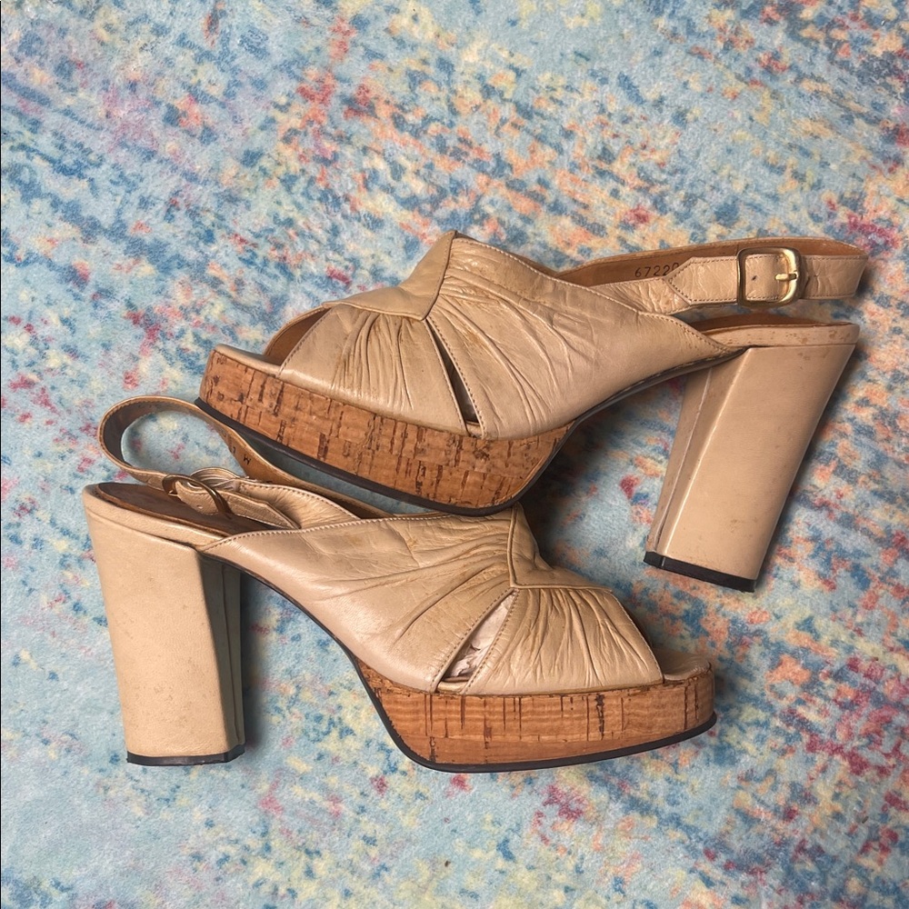 Beige Leather Platform Slingback Heels